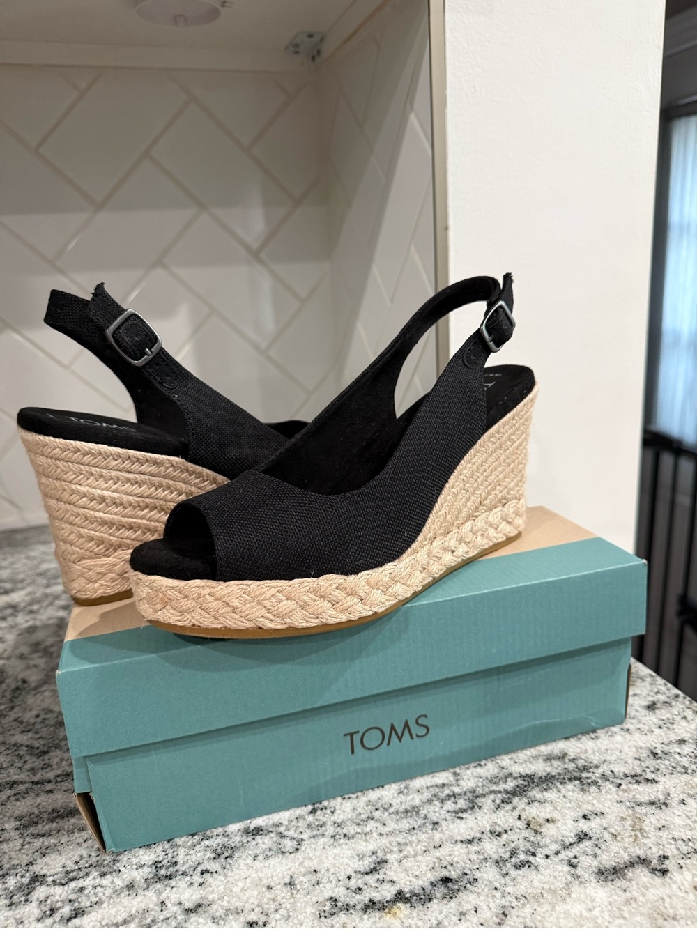TOMS Camilla Black Espadrille Wedge Slingback
